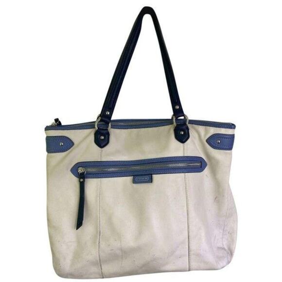 COACH XL White Blue Leather Shopping Tote Bag